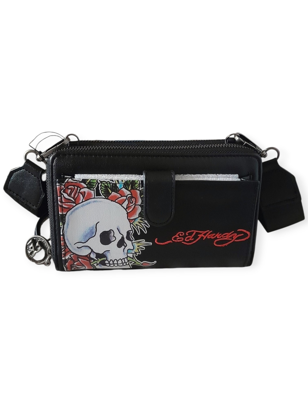 Ed Hardy Black Skull & Rose Crossbody Wallet Bag Phone Holder Clutch NWT